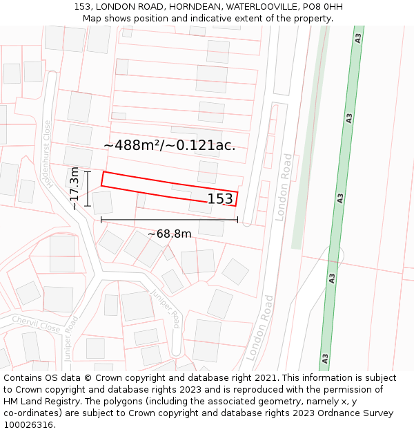 153, LONDON ROAD, HORNDEAN, WATERLOOVILLE, PO8 0HH: Plot and title map