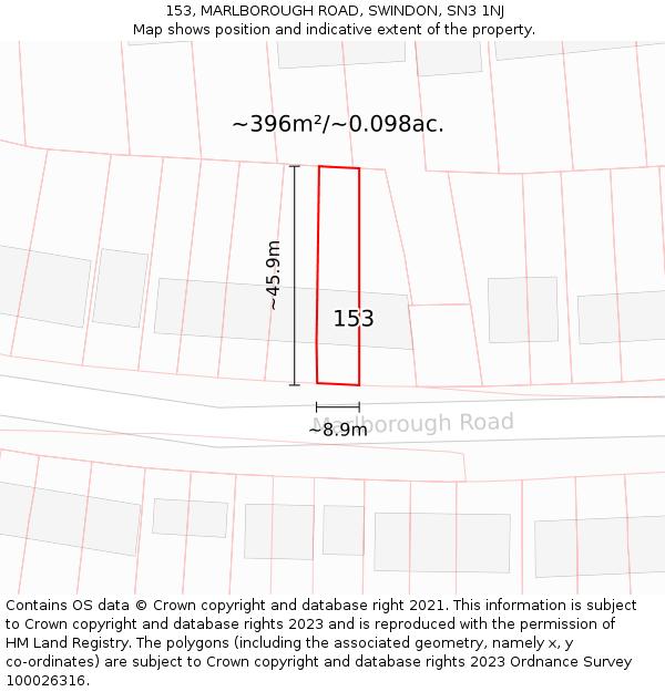 153, MARLBOROUGH ROAD, SWINDON, SN3 1NJ: Plot and title map