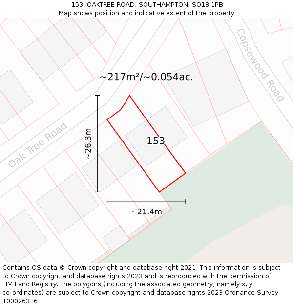 153, OAKTREE ROAD, SOUTHAMPTON, SO18 1PB: Plot and title map