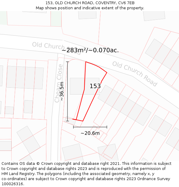 153, OLD CHURCH ROAD, COVENTRY, CV6 7EB: Plot and title map