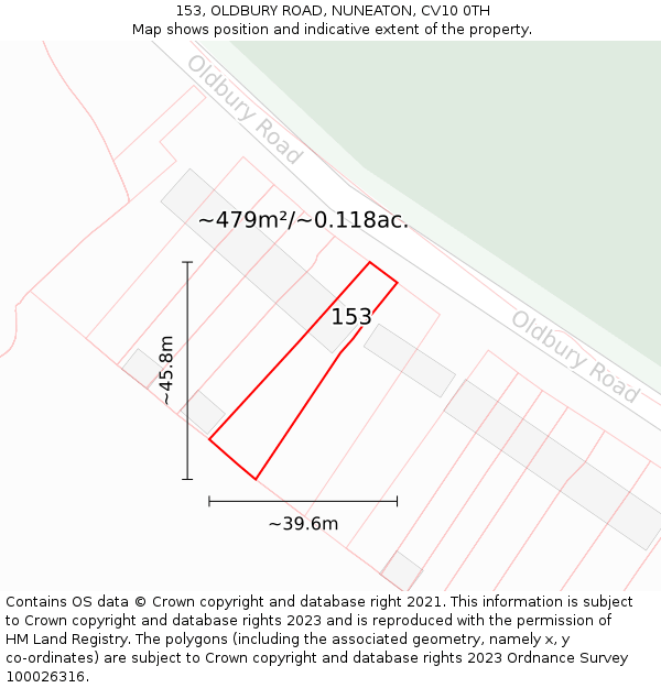 153, OLDBURY ROAD, NUNEATON, CV10 0TH: Plot and title map