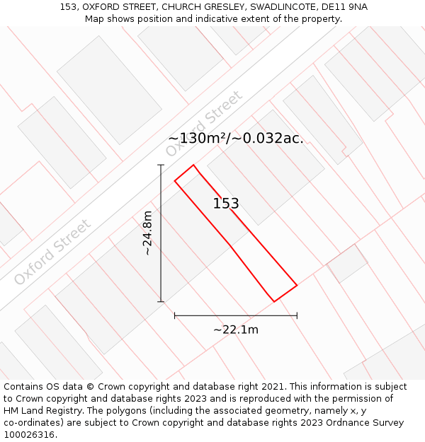 153, OXFORD STREET, CHURCH GRESLEY, SWADLINCOTE, DE11 9NA: Plot and title map