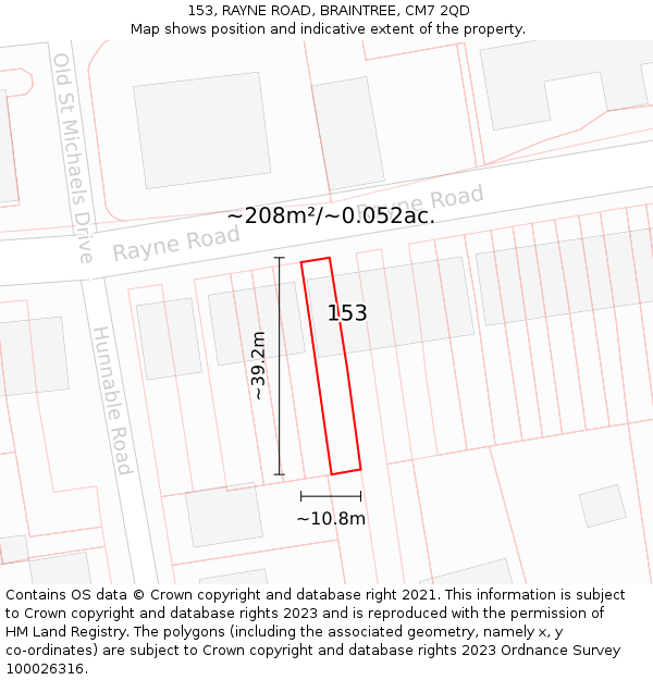 153, RAYNE ROAD, BRAINTREE, CM7 2QD: Plot and title map