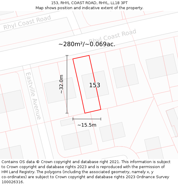 153, RHYL COAST ROAD, RHYL, LL18 3PT: Plot and title map