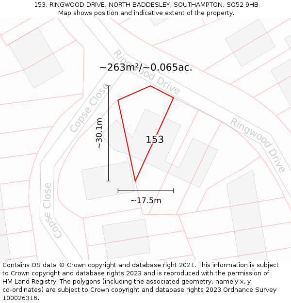 153, RINGWOOD DRIVE, NORTH BADDESLEY, SOUTHAMPTON, SO52 9HB: Plot and title map