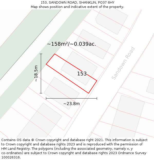 153, SANDOWN ROAD, SHANKLIN, PO37 6HY: Plot and title map