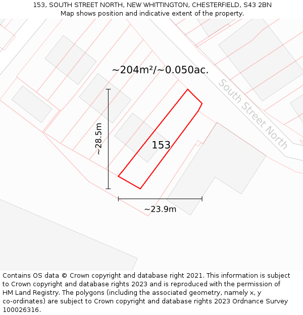 153, SOUTH STREET NORTH, NEW WHITTINGTON, CHESTERFIELD, S43 2BN: Plot and title map