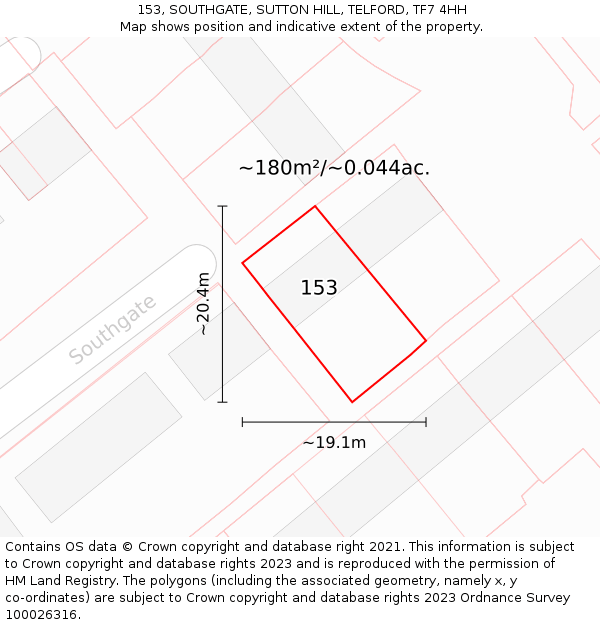 153, SOUTHGATE, SUTTON HILL, TELFORD, TF7 4HH: Plot and title map