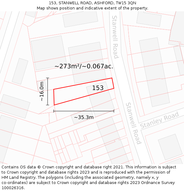 153, STANWELL ROAD, ASHFORD, TW15 3QN: Plot and title map