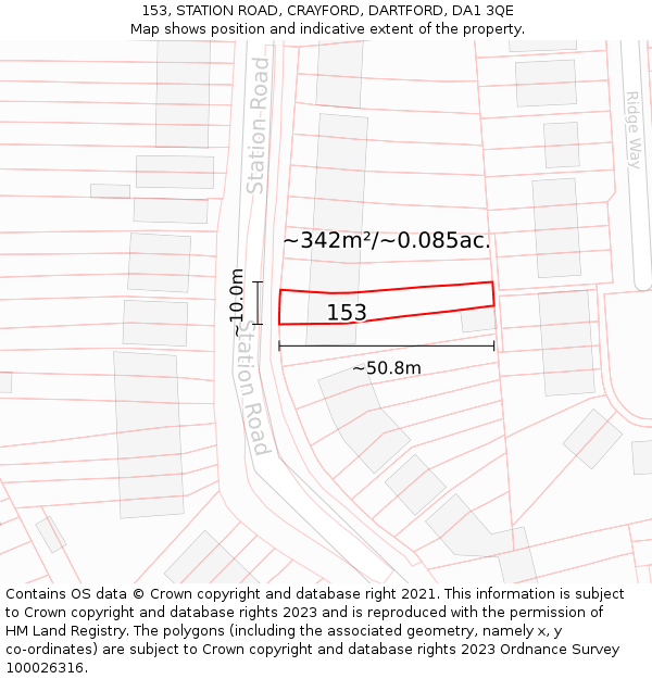 153, STATION ROAD, CRAYFORD, DARTFORD, DA1 3QE: Plot and title map