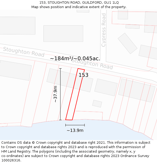 153, STOUGHTON ROAD, GUILDFORD, GU1 1LQ: Plot and title map