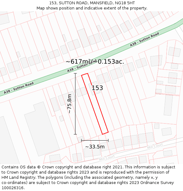 153, SUTTON ROAD, MANSFIELD, NG18 5HT: Plot and title map