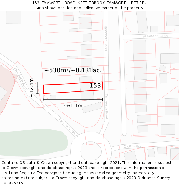 153, TAMWORTH ROAD, KETTLEBROOK, TAMWORTH, B77 1BU: Plot and title map