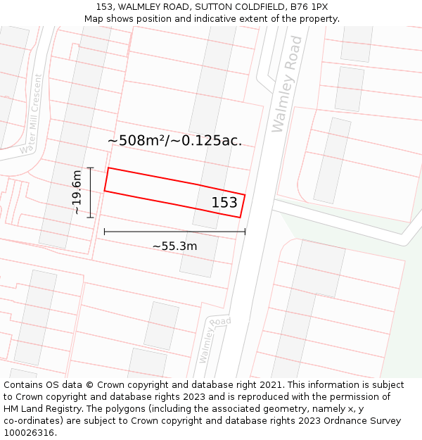 153, WALMLEY ROAD, SUTTON COLDFIELD, B76 1PX: Plot and title map