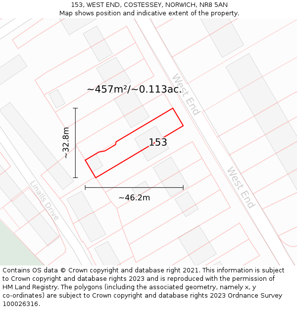 153, WEST END, COSTESSEY, NORWICH, NR8 5AN: Plot and title map