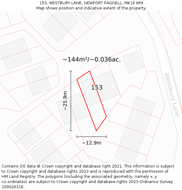 153, WESTBURY LANE, NEWPORT PAGNELL, MK16 8RX: Plot and title map