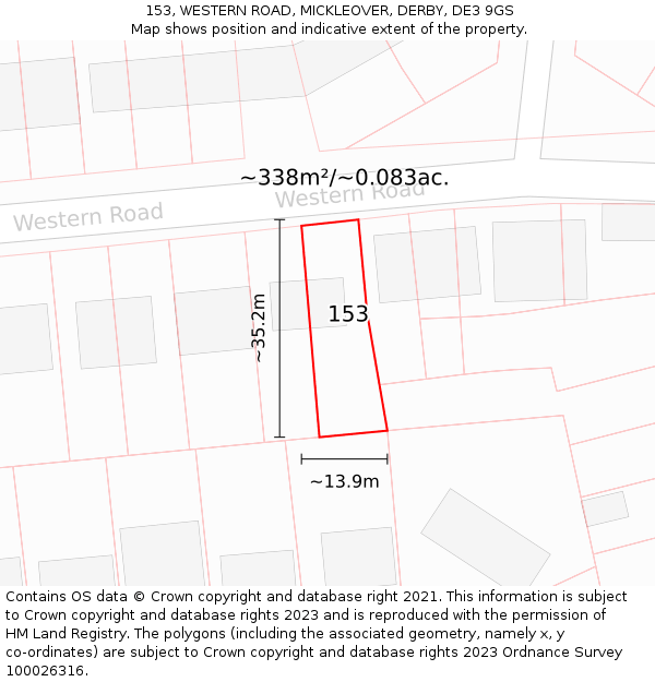 153, WESTERN ROAD, MICKLEOVER, DERBY, DE3 9GS: Plot and title map