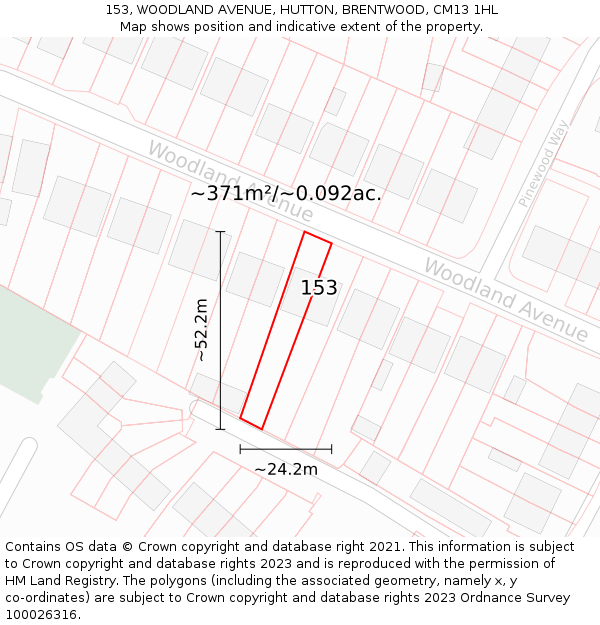 153, WOODLAND AVENUE, HUTTON, BRENTWOOD, CM13 1HL: Plot and title map