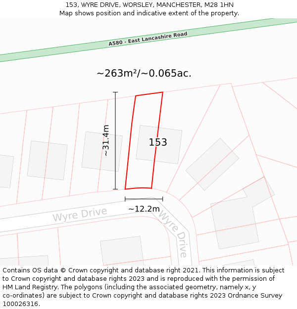 153, WYRE DRIVE, WORSLEY, MANCHESTER, M28 1HN: Plot and title map