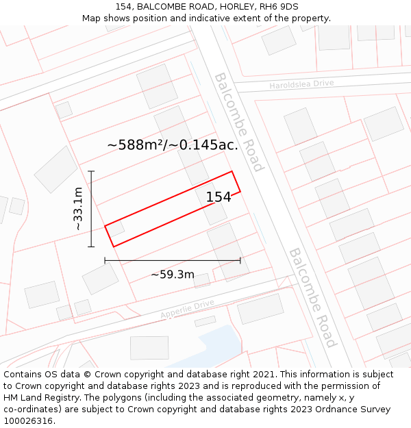 154, BALCOMBE ROAD, HORLEY, RH6 9DS: Plot and title map