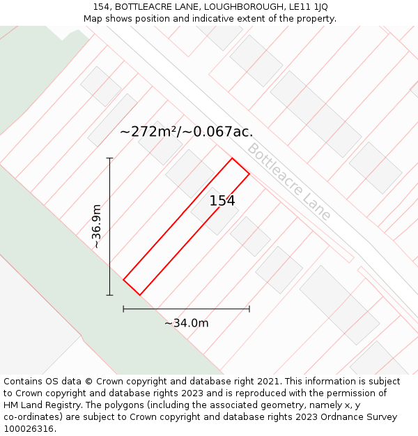 154, BOTTLEACRE LANE, LOUGHBOROUGH, LE11 1JQ: Plot and title map