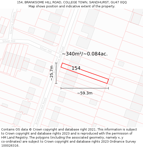 154, BRANKSOME HILL ROAD, COLLEGE TOWN, SANDHURST, GU47 0QQ: Plot and title map