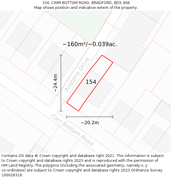 154, CARR BOTTOM ROAD, BRADFORD, BD5 9AE: Plot and title map