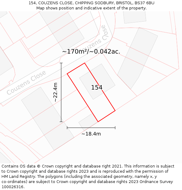 154, COUZENS CLOSE, CHIPPING SODBURY, BRISTOL, BS37 6BU: Plot and title map