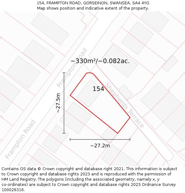 154, FRAMPTON ROAD, GORSEINON, SWANSEA, SA4 4YG: Plot and title map