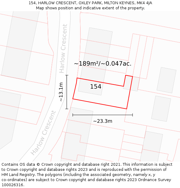 154, HARLOW CRESCENT, OXLEY PARK, MILTON KEYNES, MK4 4JA: Plot and title map