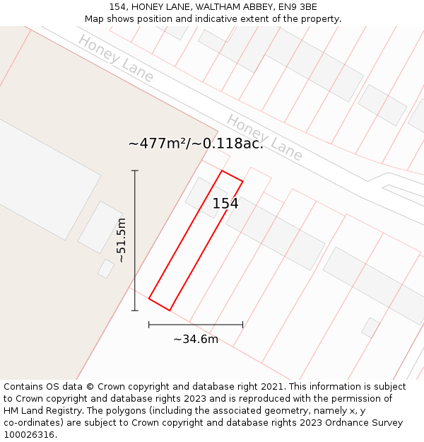 154, HONEY LANE, WALTHAM ABBEY, EN9 3BE: Plot and title map