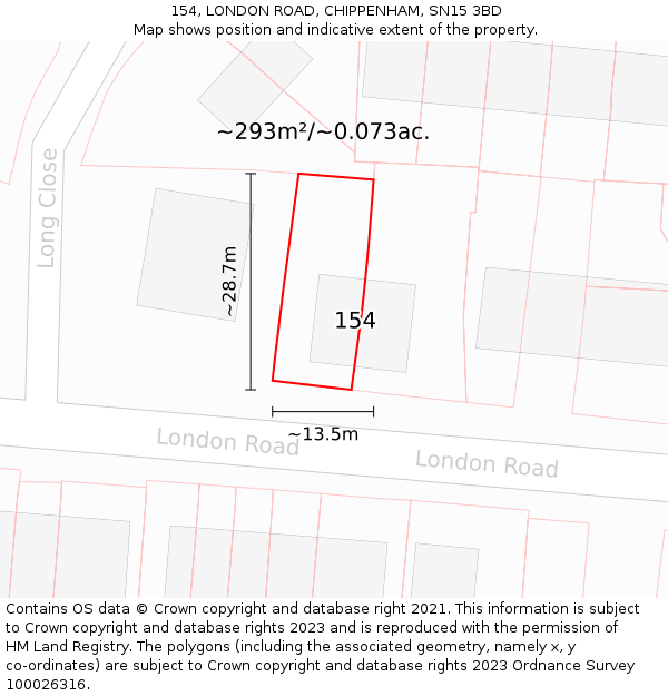 154, LONDON ROAD, CHIPPENHAM, SN15 3BD: Plot and title map