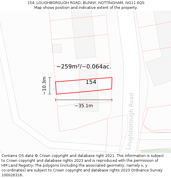 154, LOUGHBOROUGH ROAD, BUNNY, NOTTINGHAM, NG11 6QS: Plot and title map