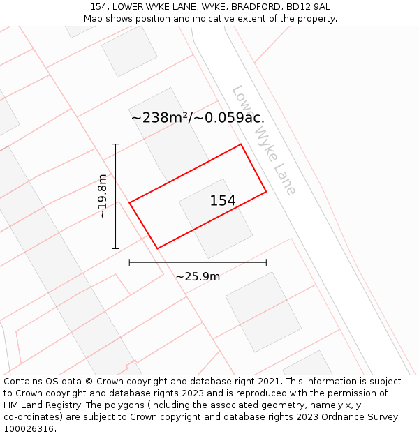 154, LOWER WYKE LANE, WYKE, BRADFORD, BD12 9AL: Plot and title map