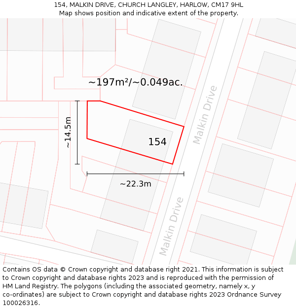 154, MALKIN DRIVE, CHURCH LANGLEY, HARLOW, CM17 9HL: Plot and title map