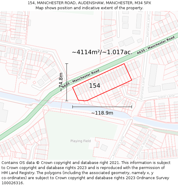 154, MANCHESTER ROAD, AUDENSHAW, MANCHESTER, M34 5PX: Plot and title map