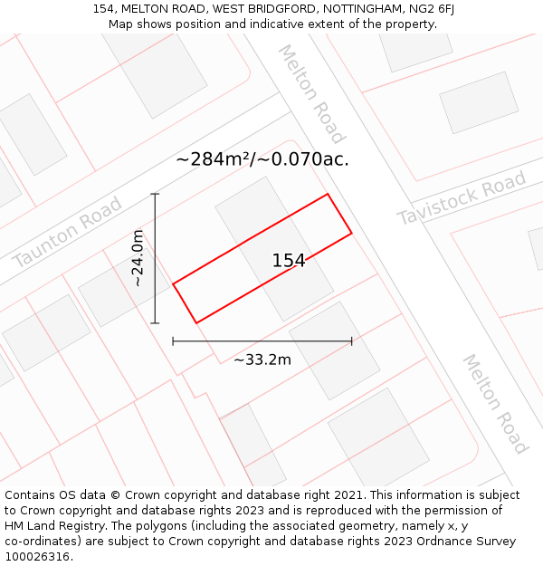 154, MELTON ROAD, WEST BRIDGFORD, NOTTINGHAM, NG2 6FJ: Plot and title map