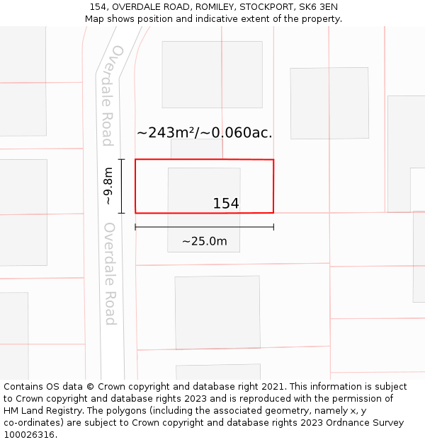 154, OVERDALE ROAD, ROMILEY, STOCKPORT, SK6 3EN: Plot and title map