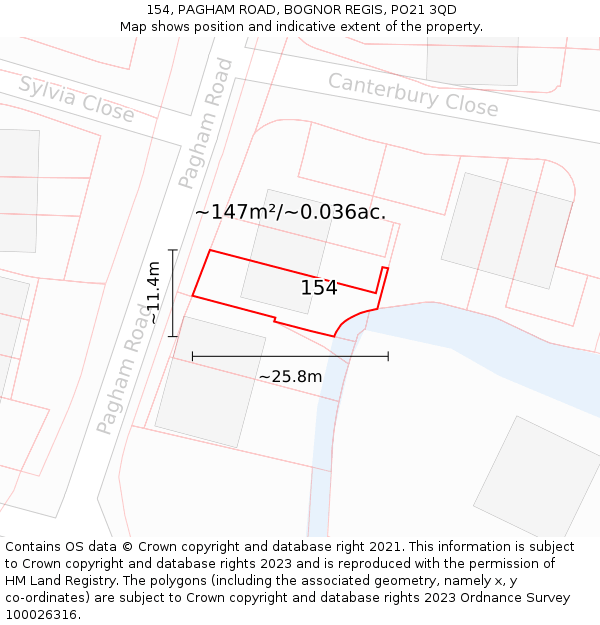 154, PAGHAM ROAD, BOGNOR REGIS, PO21 3QD: Plot and title map