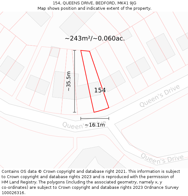 154, QUEENS DRIVE, BEDFORD, MK41 9JG: Plot and title map