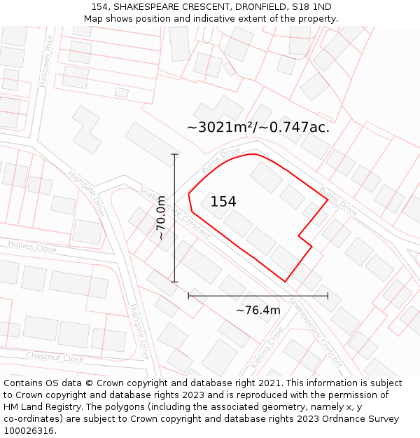 154, SHAKESPEARE CRESCENT, DRONFIELD, S18 1ND: Plot and title map