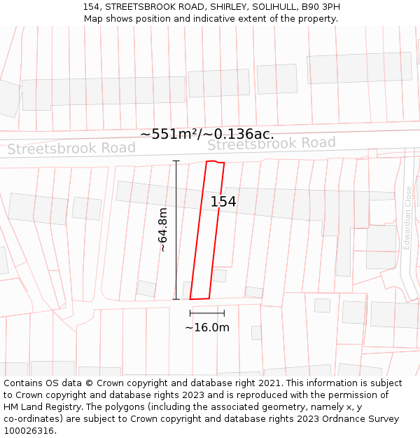 154, STREETSBROOK ROAD, SHIRLEY, SOLIHULL, B90 3PH: Plot and title map