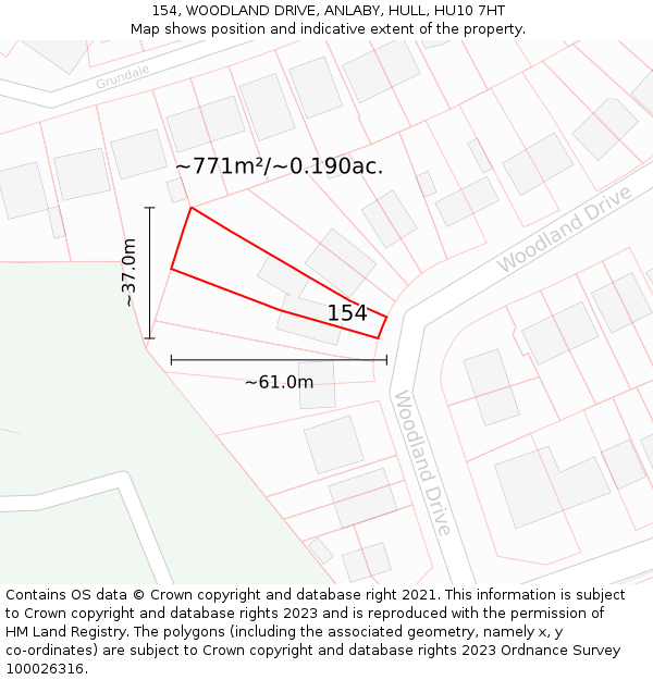 154, WOODLAND DRIVE, ANLABY, HULL, HU10 7HT: Plot and title map