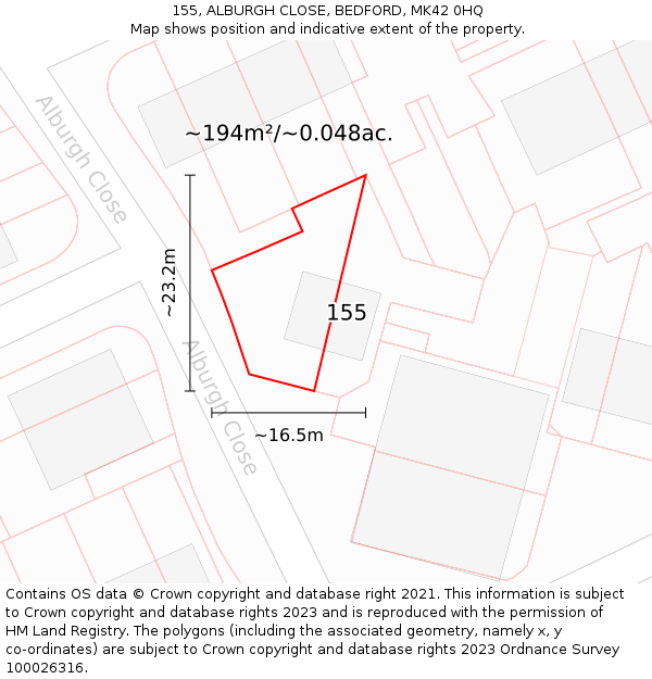 155, ALBURGH CLOSE, BEDFORD, MK42 0HQ: Plot and title map