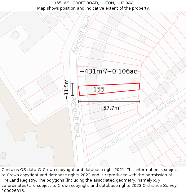 155, ASHCROFT ROAD, LUTON, LU2 9AY: Plot and title map