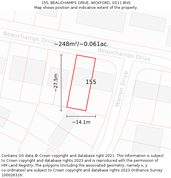 155, BEAUCHAMPS DRIVE, WICKFORD, SS11 8NS: Plot and title map