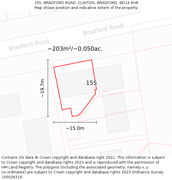 155, BRADFORD ROAD, CLAYTON, BRADFORD, BD14 6HR: Plot and title map