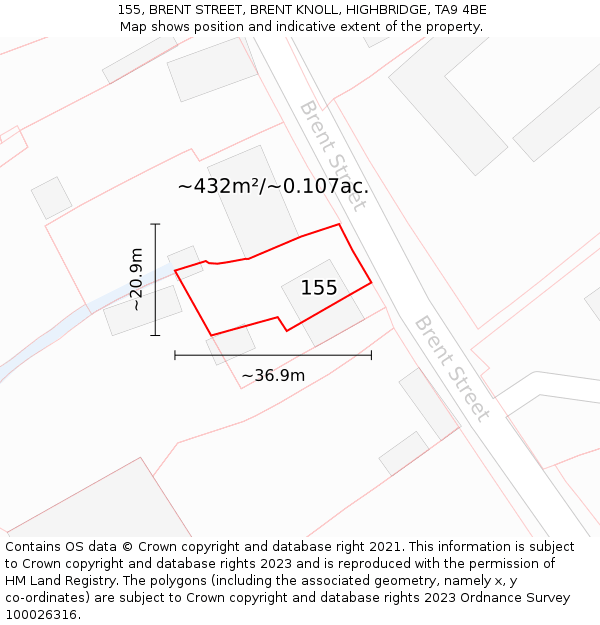 155, BRENT STREET, BRENT KNOLL, HIGHBRIDGE, TA9 4BE: Plot and title map