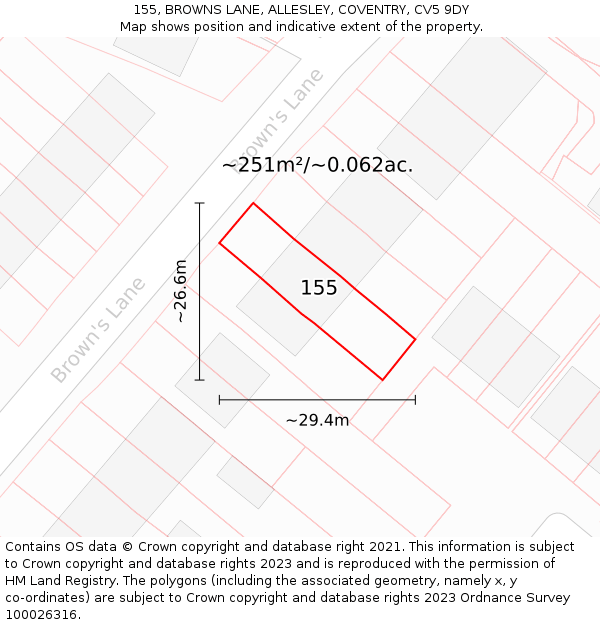 155, BROWNS LANE, ALLESLEY, COVENTRY, CV5 9DY: Plot and title map