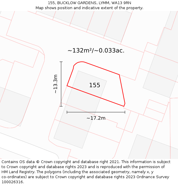 155, BUCKLOW GARDENS, LYMM, WA13 9RN: Plot and title map